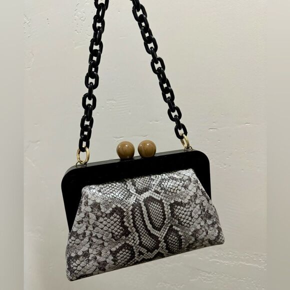 Snake Embossed Leather Handmade Wooden Frame Clutch, Wristlet, Crossbody Bag - Picture 12 of 16